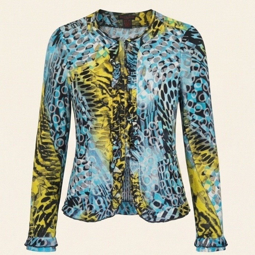 Sara Isabella 2‎ Petite Blue Yellow Linen Animal Print Ruffle Jacket 2P NWOT